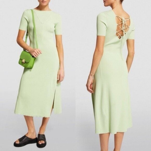 NWT Maje Ruche Tie Back Midi Dress 40 Vert L Ribbed Knit Stretch - Picture 1 of 15